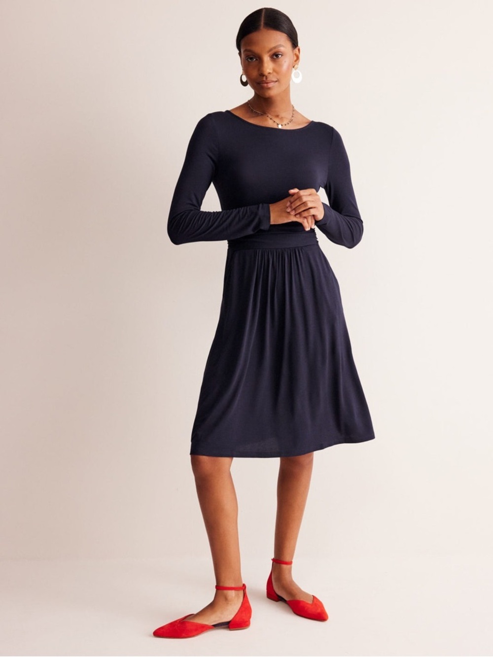 Boden Women’s Black Long Sleeve Dress Sz 10 Ruched Waist Pockets Stretch